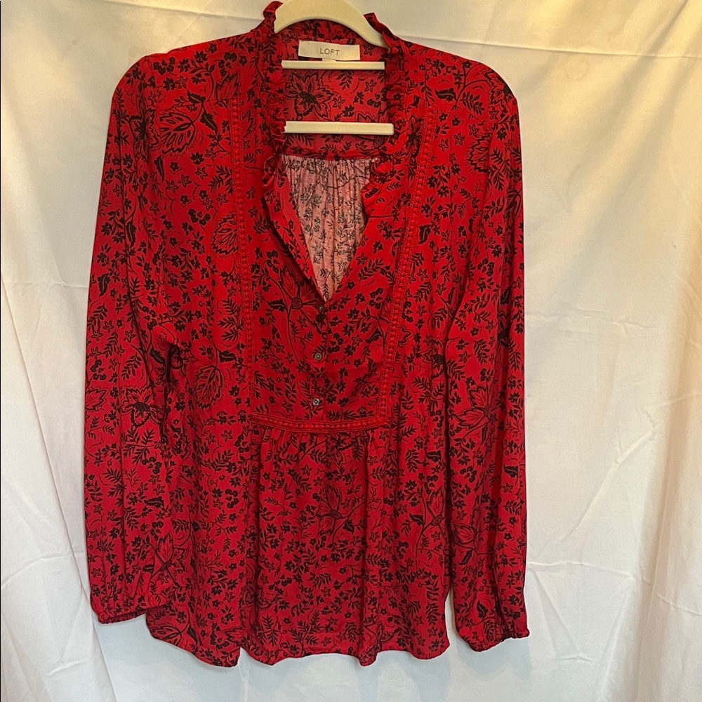 LOFT XL Red Floral Ruffle V-Neck Peasant Blouse